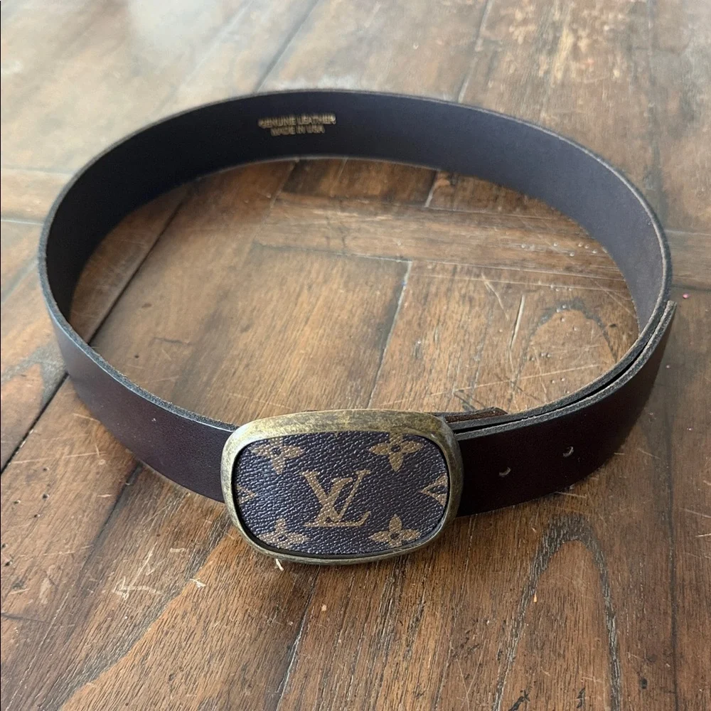 Up cycled Louis Vuitton canvas Brown Leather Belt with Monogram Buckle